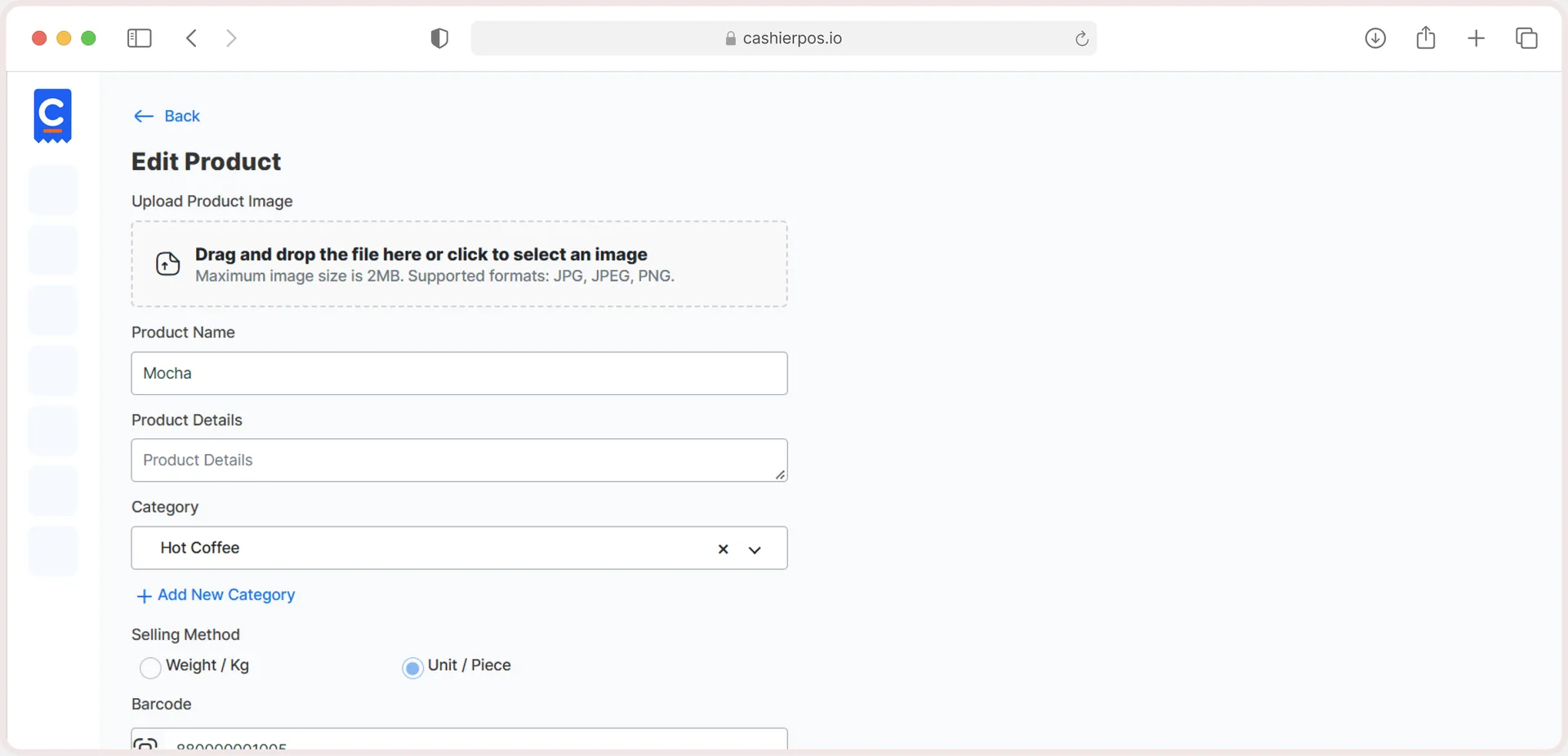 Product form with name, category, selling method and barcode