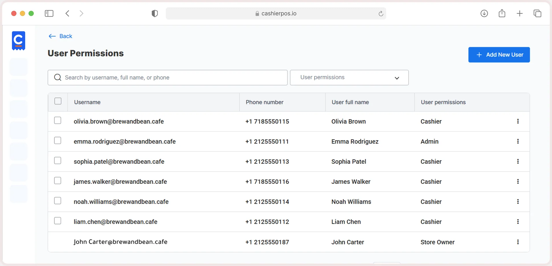 User permissions list with a role for each user
