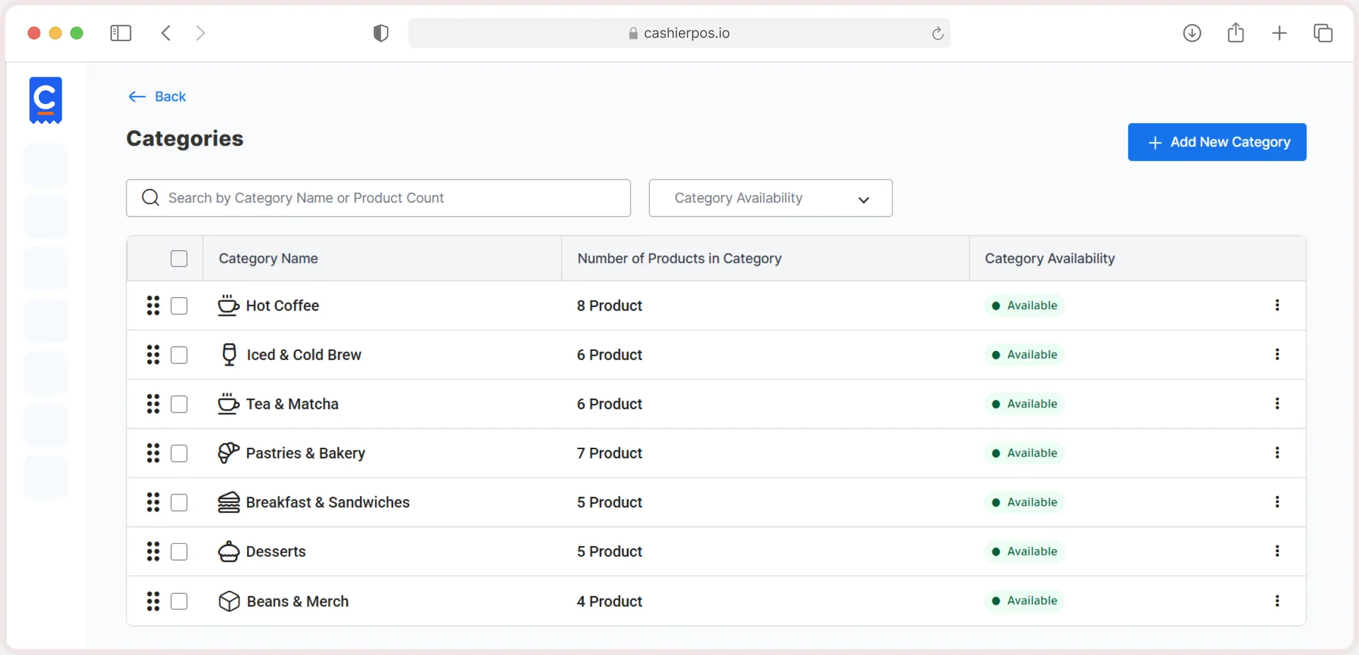 Categories list with product counts and availability