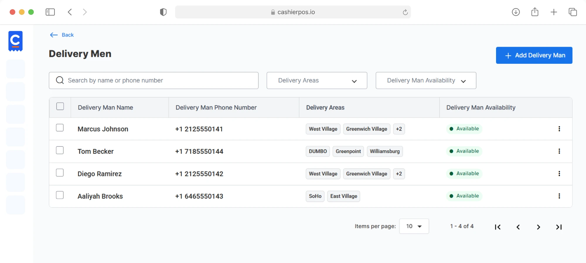 Delivery Men list with phone numbers, delivery areas and availability