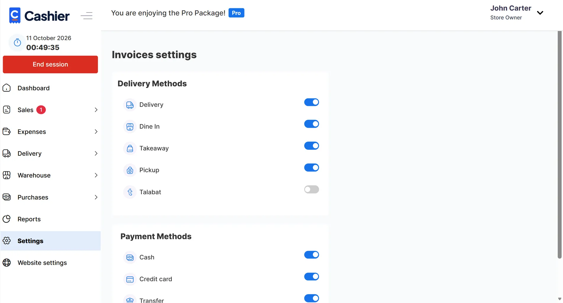 Delivery methods and payment methods that can be switched on