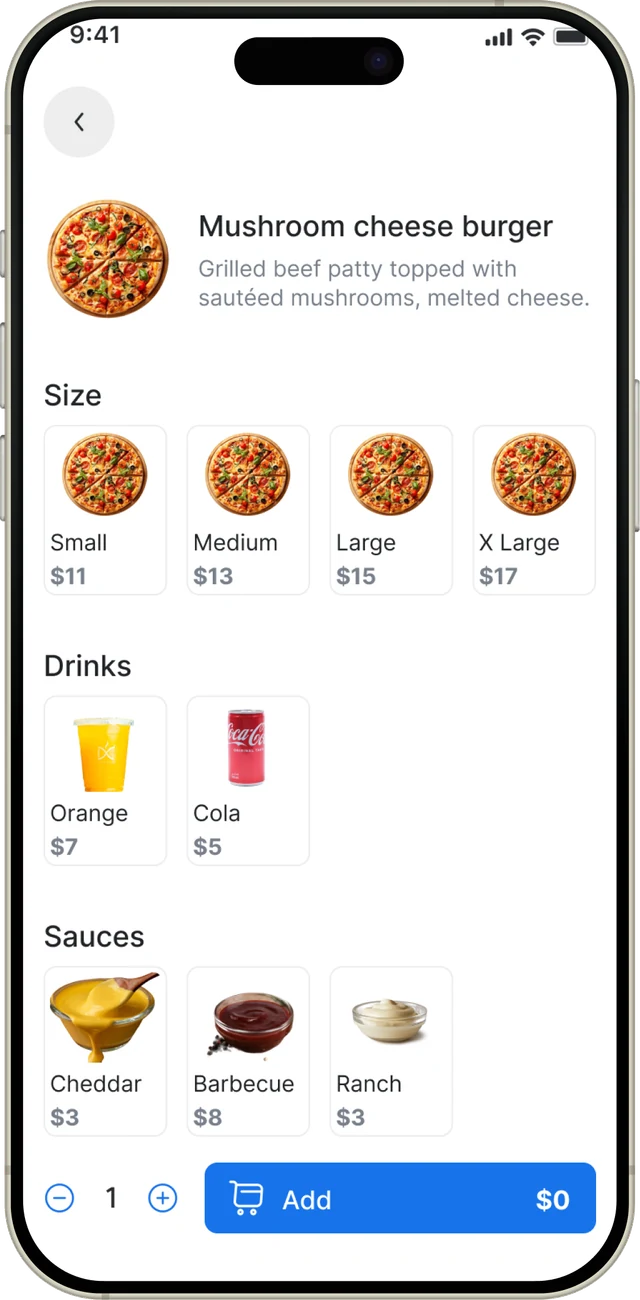 Item screen of the Cashier POS mobile app with sizes, drinks and sauces