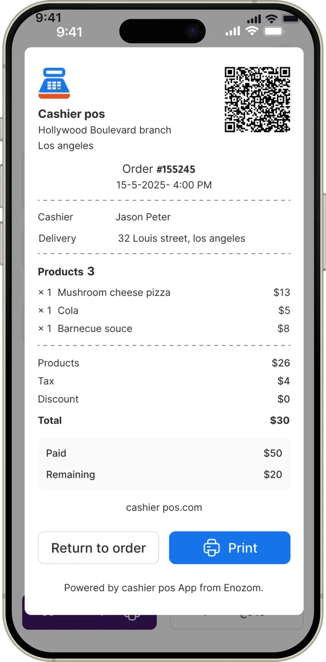 Printable receipt screen of the Cashier POS mobile app with totals, paid and remaining amounts