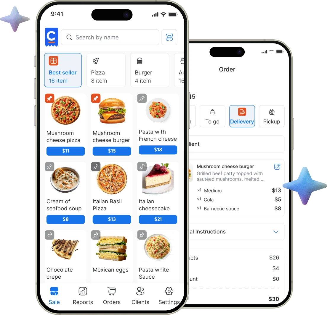 Cashier POS mobile app selling offline: the Sale screen with products and the Order screen