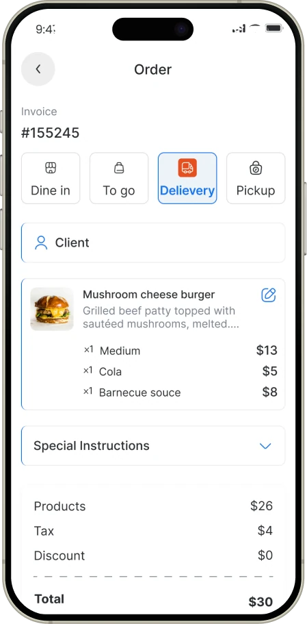 Cashier POS mobile app: the Order screen with the items and total