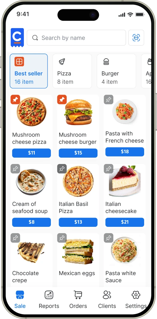 Cashier POS mobile app: the Sale screen with products