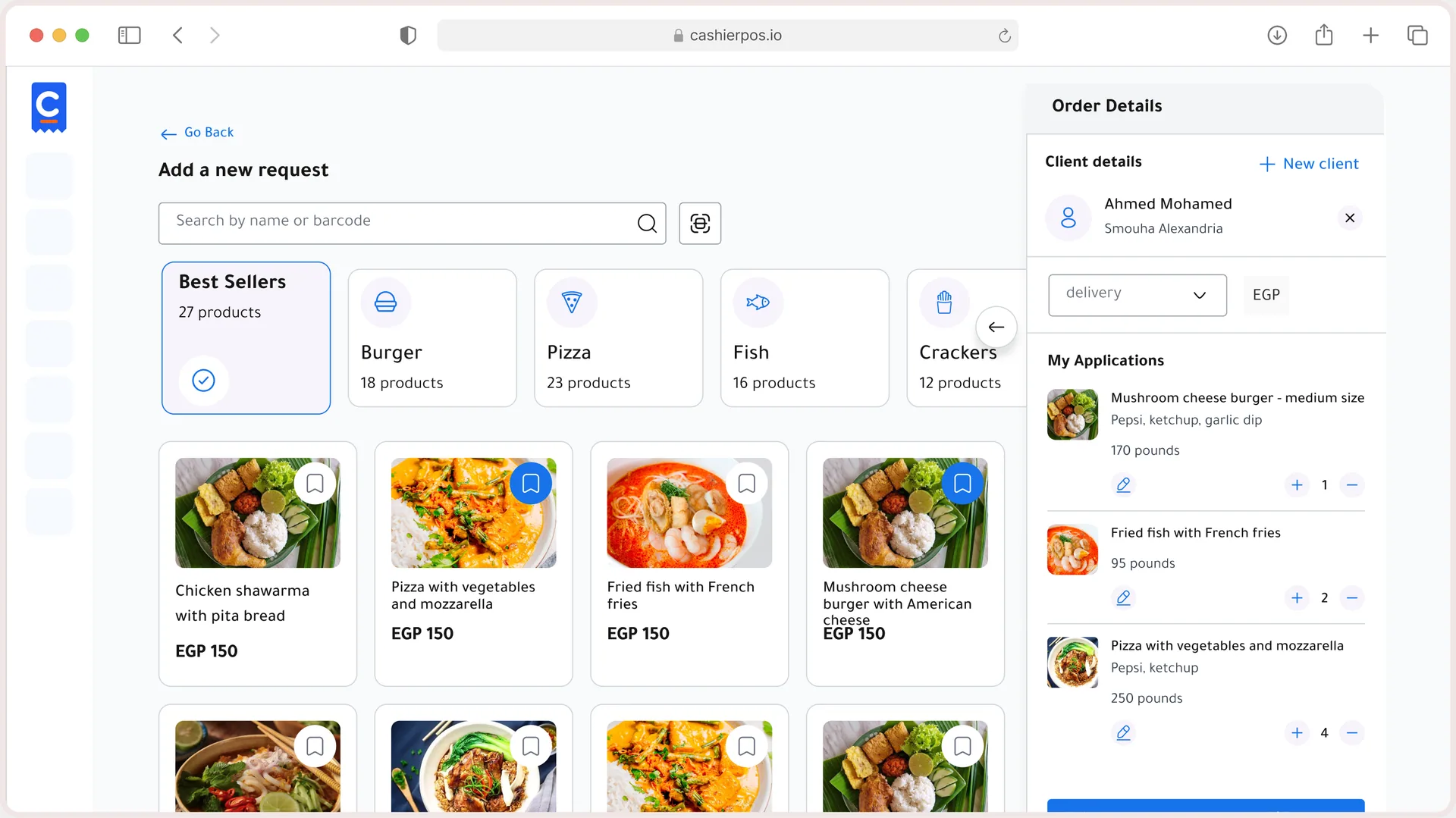 Cashier POS checkout with product tiles, an order in the cart and a Pay button