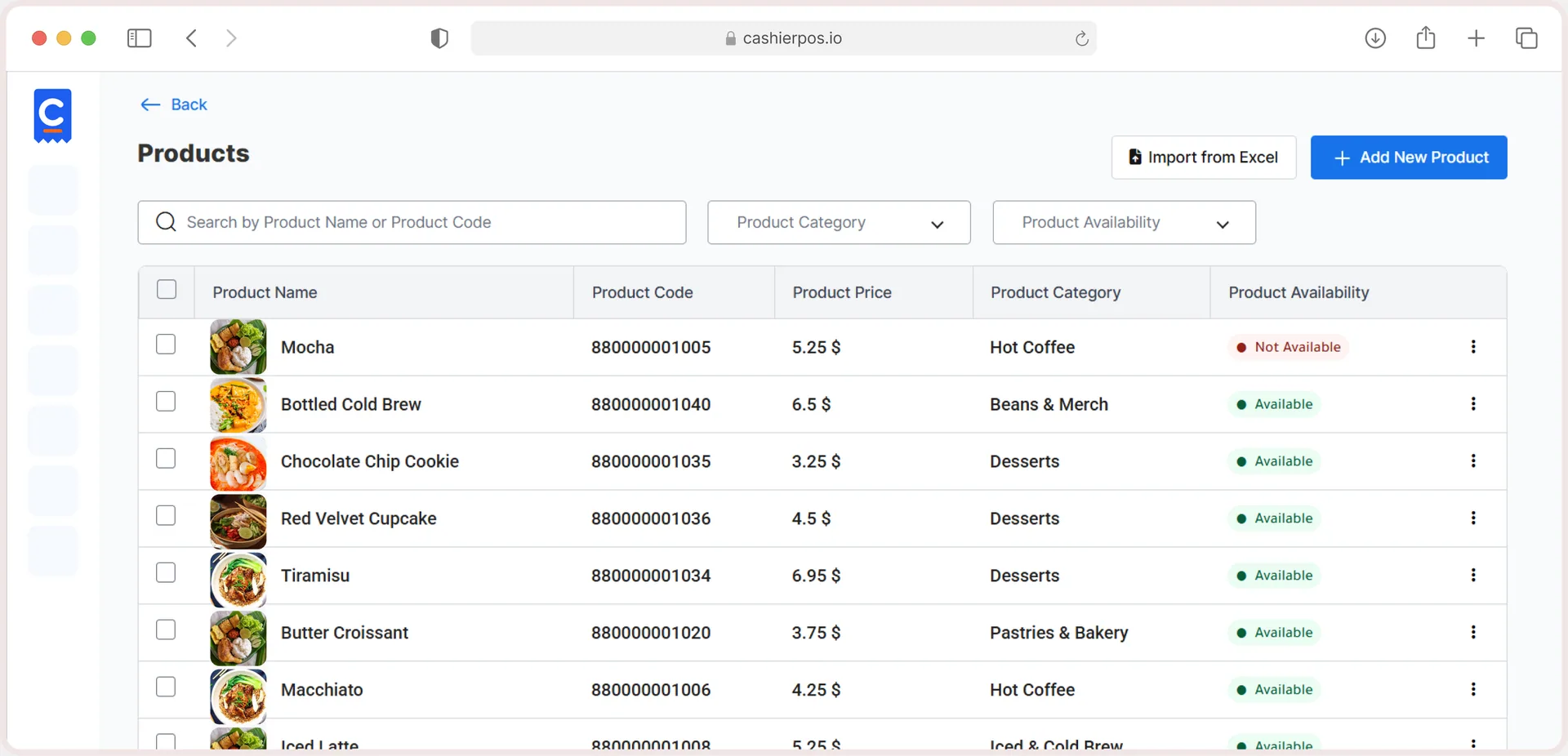 Products list with images, codes, prices, categories and availability, the one catalog every feature shares