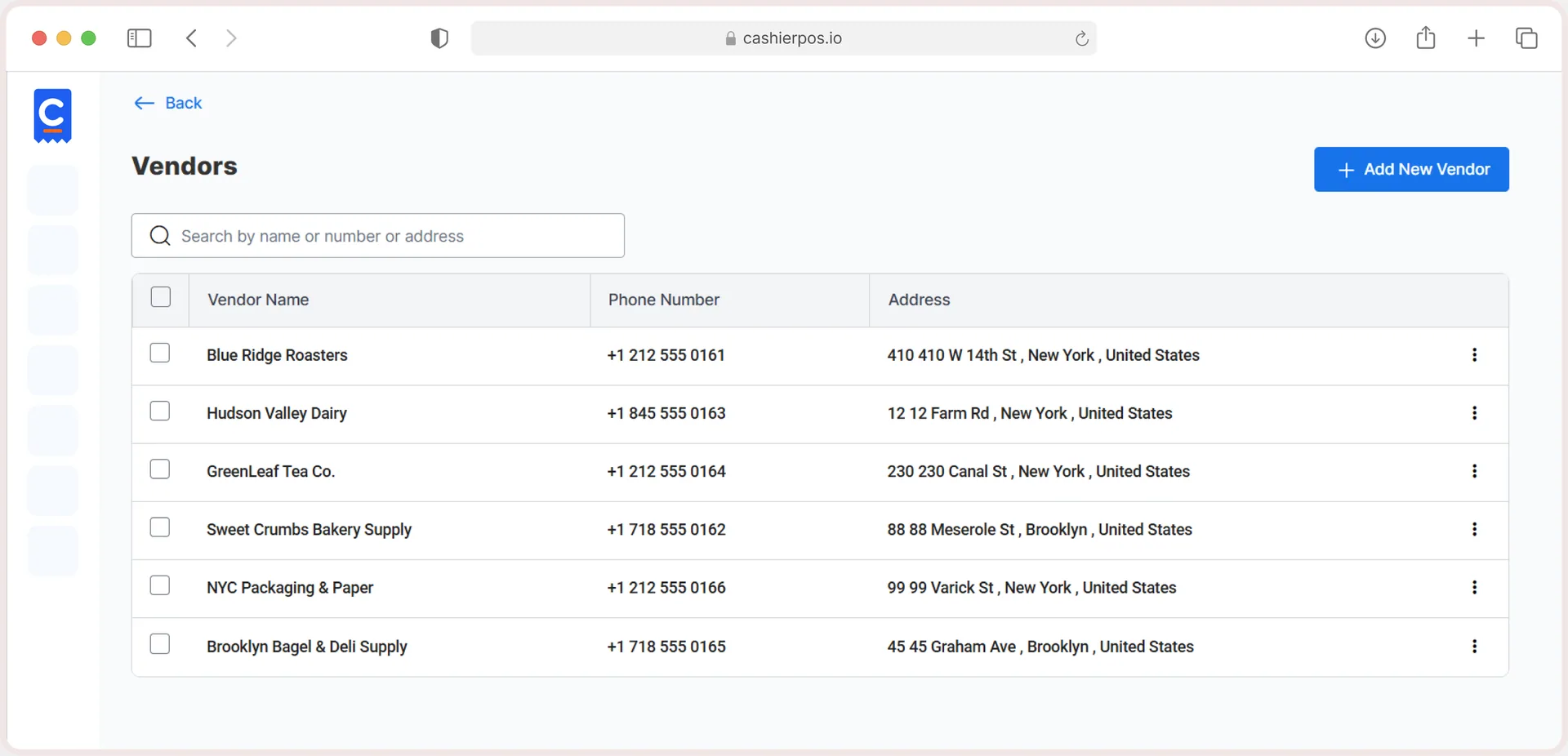 Purchase invoices with vendor, store, receiving and payment status
