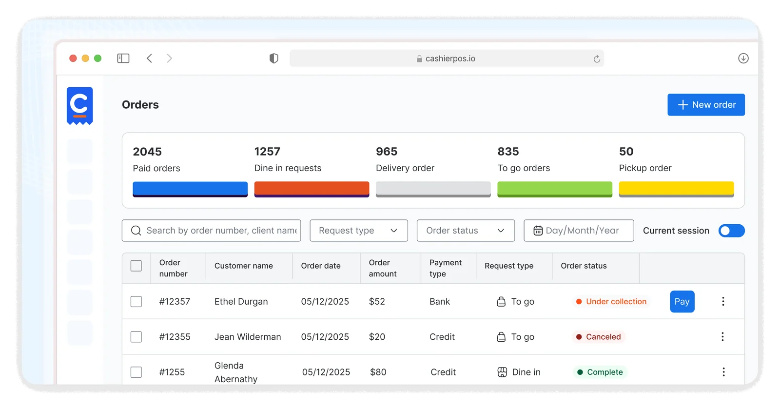 Orders list with order totals, filters and status, next to the delivery methods and package cards
