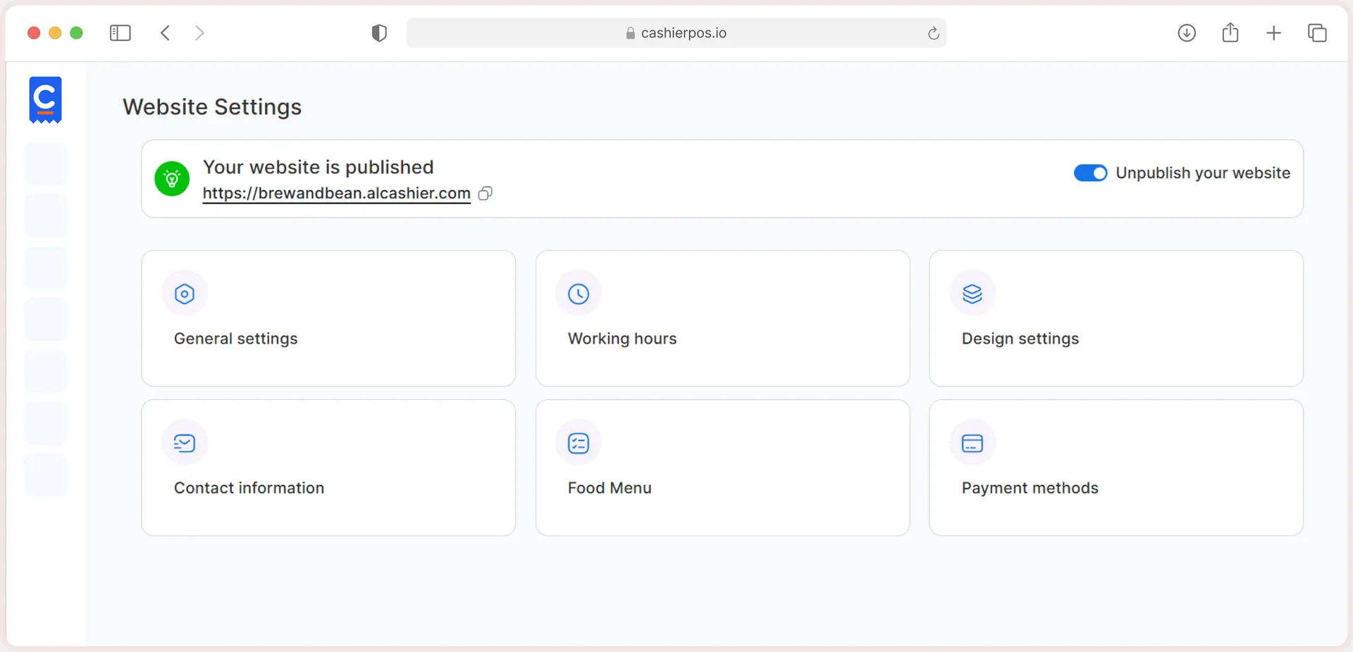 Website settings for the free online ordering website